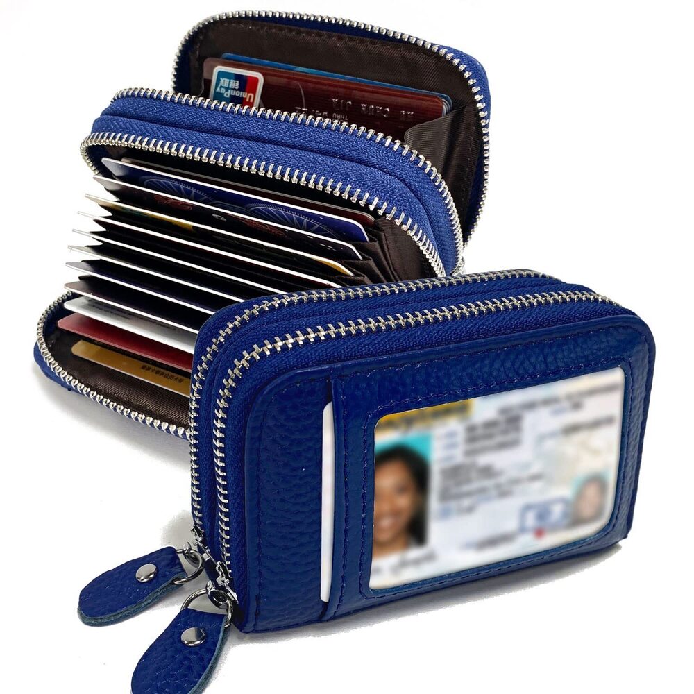 6466 RFID Credit Card Holder, Small Leather Zipper Card Case Wallet and ID